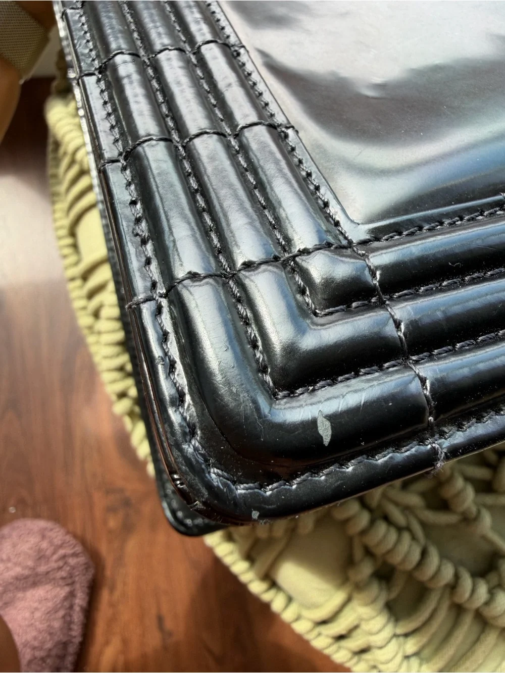 CHANEL Black Patent Satchel with Silver-Tone Chain